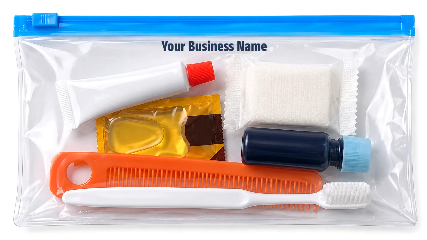 “Your Business Name” என்று அச்சிட்ட ஜிப் லாக் பை; உள்ளே டூத் பிரஷ், டூத் பேஸ்ட், ஷாம்பு, சோப், சீப்பு, எண்ணெய் சாஷே